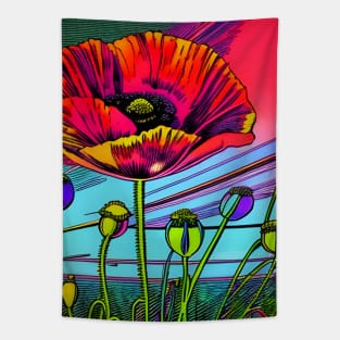 Retro Graphic Novel Style Field of Red Poppies (MD23Mrl015) Tapestry