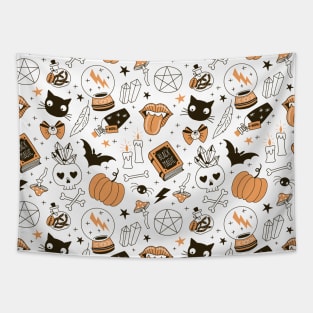 Halloween Witch Party Gear Cartoon Pattern on Ghost White Tapestry