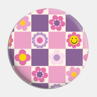 Retro Checkered Floral Pattern Pink and Purple Pin