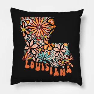 Louisiana State Design | Artist Designed Illustration Featuring Louisiana State Outline Filled With Retro Flowers with Retro Hand-Lettering Pillow