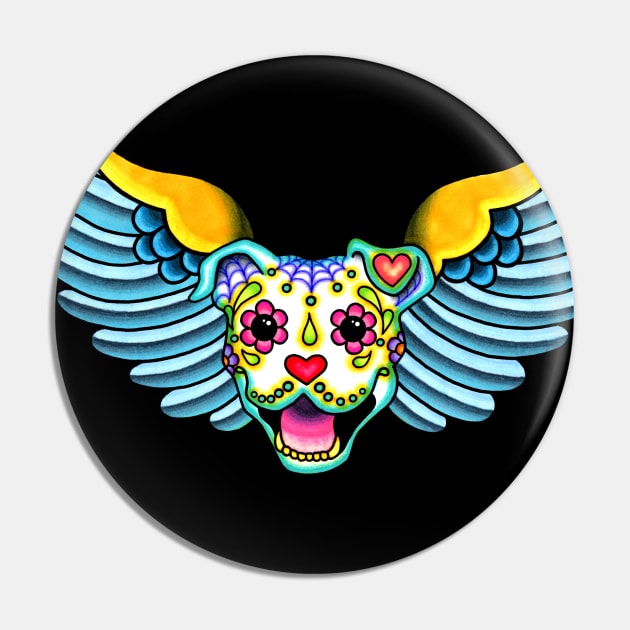 All Pit Bulls go to Heaven - Day of the Dead Winged Pitbull - Sugar Skull Angel Pin by prettyinink