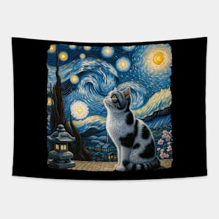 Japanese Bobtail Starry Night Inspired - Artistic Cat Tapestry