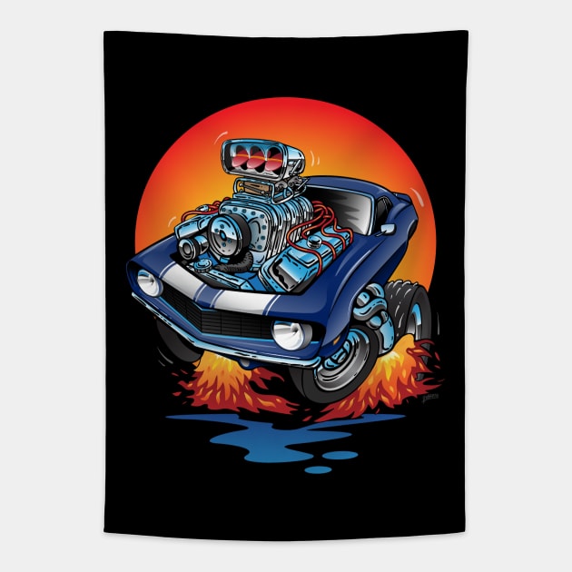 Funny Classic Sixties American Muscle Car Hot Rod Cartoon Tapestry by hobrath