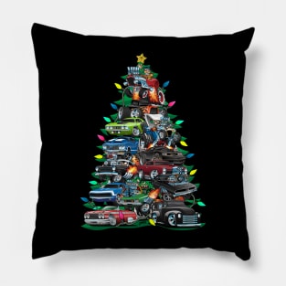 Car Madness Christmas Tree! Classic Muscle Cars and Hot Rods Pillow