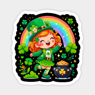 A cute Irish Lassie dancing an Irish jig celebrates St Patrick's Day with a rainbow a pot of gold and shamrocks Irish Pride Irish American four leaf clovers Magnet