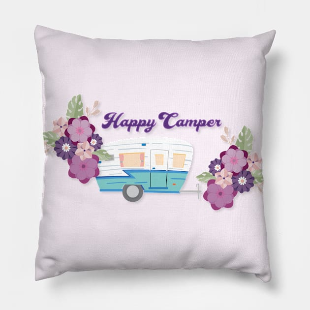 Happy Camper - Retro Trailer with Flowers Pillow by RVToolbox