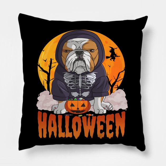 English Bulldog Witch Happy Halloween Pillow by Noseking