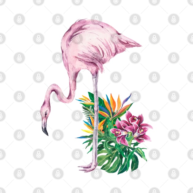 Pink Flamingo and Tropical Flowers Watercolor Art by AdrianaHolmesArt