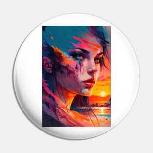 Beautiful Girl Abstract Art with Setting Sun Pin