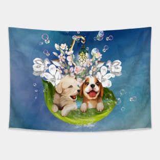 Cute puppys playing in the water Tapestry