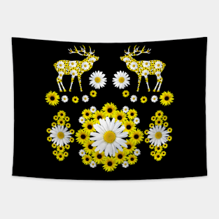 deer blooming sunflowers daisies red deer floral pattern Tapestry