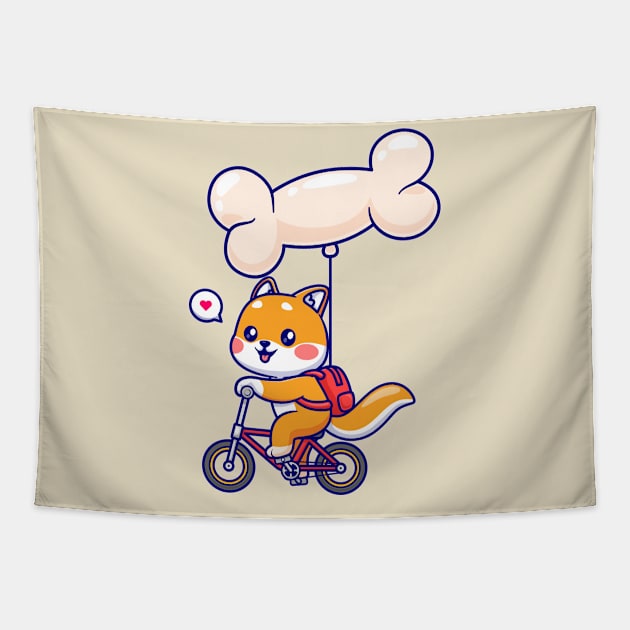 Cute Shiba Inu Dog Riding Bicycle With Bone Balloon Cartoon Tapestry by Catalyst Labs