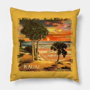 Kauai Hawaii Sunset Palm Tree Tropical Beach Retro Vintage Style Souvenir Pillow