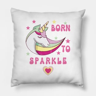 Born To Sparkle Groovy Unicorn With Stars and Heart Pillow