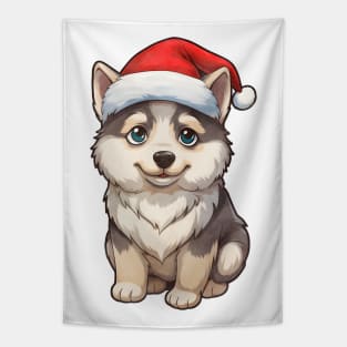 Siberian Husky Dog in Santa Hat Tapestry