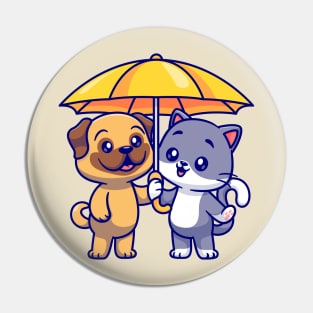 Cute Pug Dog And Cat Standing Under Umbrella Cartoon Pin