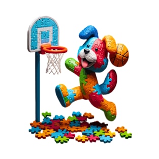 funny puzzle dog basketball Slam Dunked sport boys men kids T-Shirt