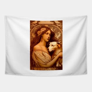 Woman wearing tunic holding a dog - Art Nouveau Style Tapestry