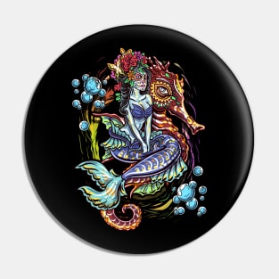 Day Of The Dead Mermaid Seahorse Graphic Art Design Gift Pin