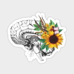 Brain human anatomy,floral sunflowers feathers, mental, watercolor Magnet