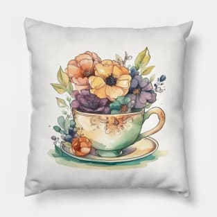 Whimsical Teacup With Flowers Pillow