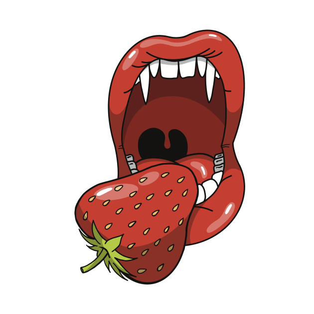 Mouth with vampire teeth about to take a bite into a strawberry by Fruit Tee