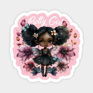 Pretty Black Girl Fairy with Pink Flowers Magnet