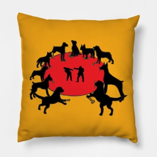 Dogs gambling bones watching men fighting. Animal rights protest. Pillow