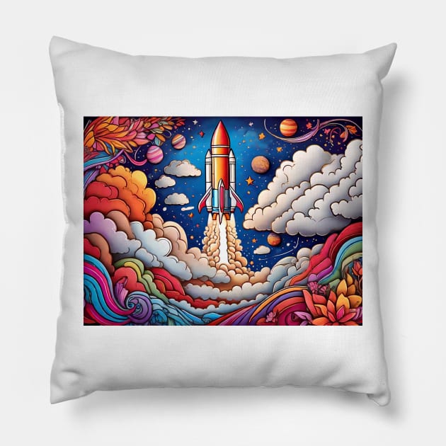 Skyward Sojourn: Coloring the Rocket's Journey (141) Pillow by WASjourney