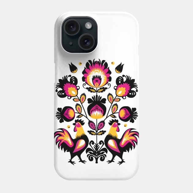 Folk composition with roosters and flowers Phone Case by FK-UK