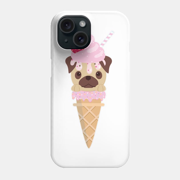 Cute Kawaii Pug Ice Cream Cone Phone Case by CraftyCatz