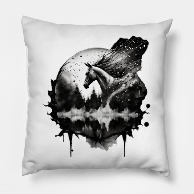 Galloping Shadows: Ink Splatter Horse in Round Shadow Box Pillow by Scribbles2Baubles