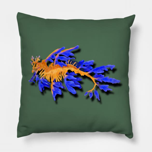 Illustrated Gold & Blue Leafy Seadragon Pillow by H. R. Sinclair