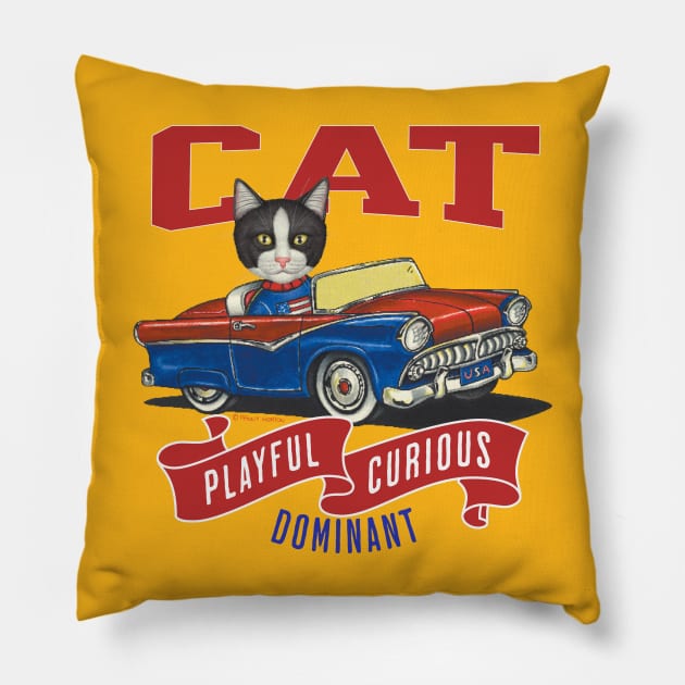 Funny cute kitty cat in a classic retro vintage car with red white and blue flags Pillow by Danny Gordon Art