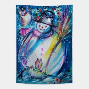 Snowman With Owl , Snowy Winter Fun Tapestry