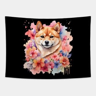 A shiba inu decorated with beautiful watercolor flowers Tapestry