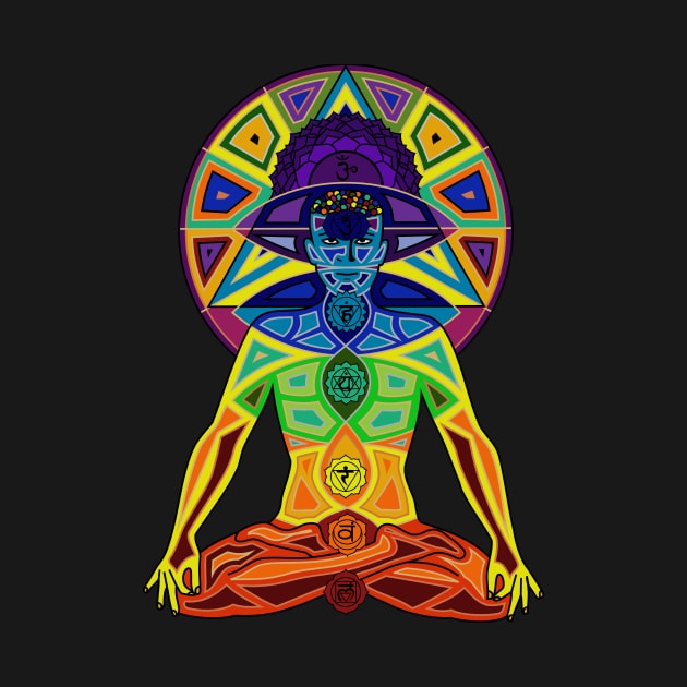 Man with Colored Chakras in Lotus Position by MandalaSoul