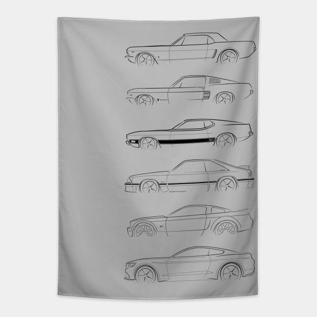 Evolution of the Ford Mustang - profile stencil, black Tapestry by mal_photography