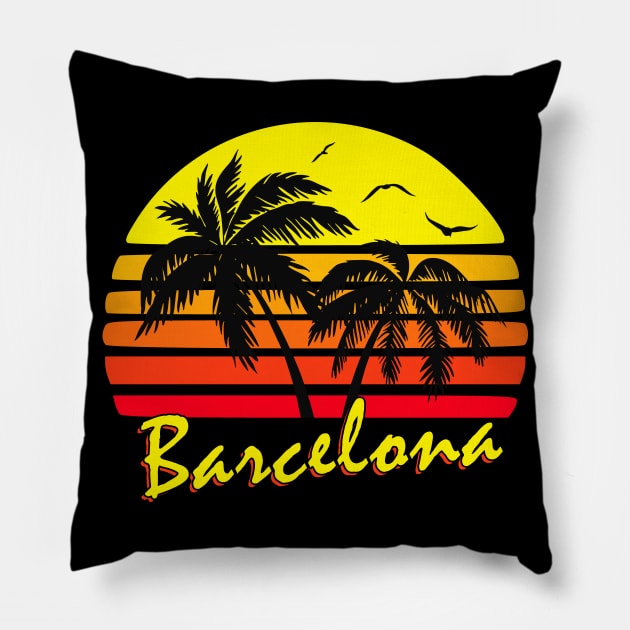 Barcelona Spain Retro Sunset Pillow by Nerd_art