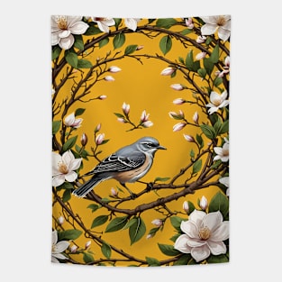 Mississippi Northern Mockingbird And Magnolia Flowers Tapestry