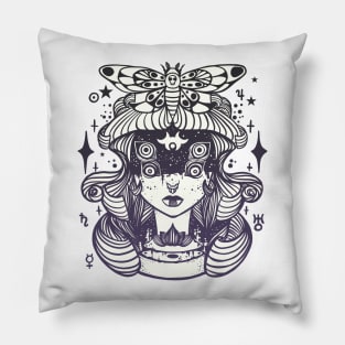 Weird Witch Girl With Quadruple Eyes And Death Head Moth Pillow