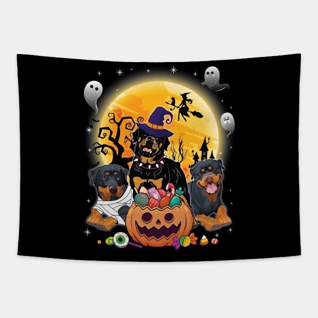 Rottweiler Dog Mummy Witch Moon Ghosts Happy Halloween Thanksgiving Merry Christmas Day Tapestry by joandraelliot