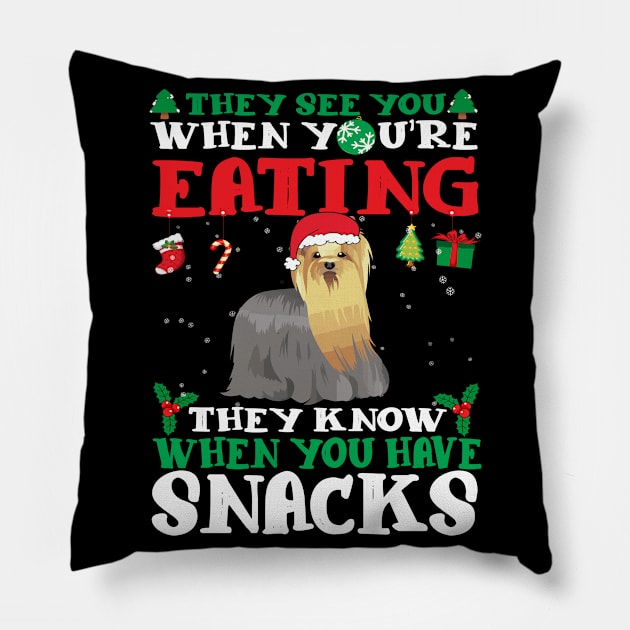 Christmas Dog Eating Snacks Pillow by CyberpunkTees