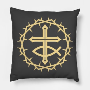 The cross of Jesus Christ and a fish, framed with a crown of thorns Pillow