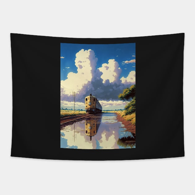 Retro Anime Style Old Japanese Train Tapestry by KaPrints