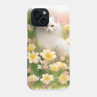 Longhaired White Cat in the Flower Garden Soft Pastel Colors Phone Case