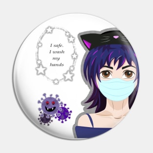 Kawaii girl and virus. Manga style. Wash your hands Pin