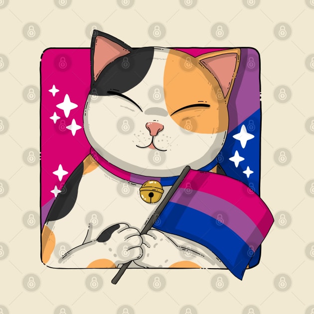 Cute Calico Cat Holding Bisexual Pride Flag by Japanese Neko