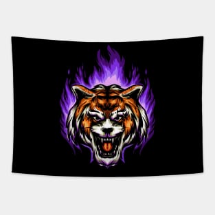 Angry Tiger Head With Blue Flames Tapestry