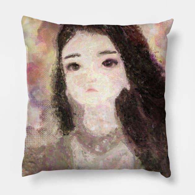 Girl's Portrait with Long Hair Impressionist Painting Pillow by BonBonBunny